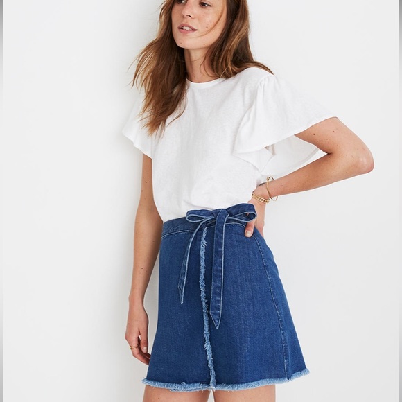 Madewell Dresses & Skirts - Madewell Raw Hem Denim Wrap Mini Skirt in Cardiff Wash - 10
